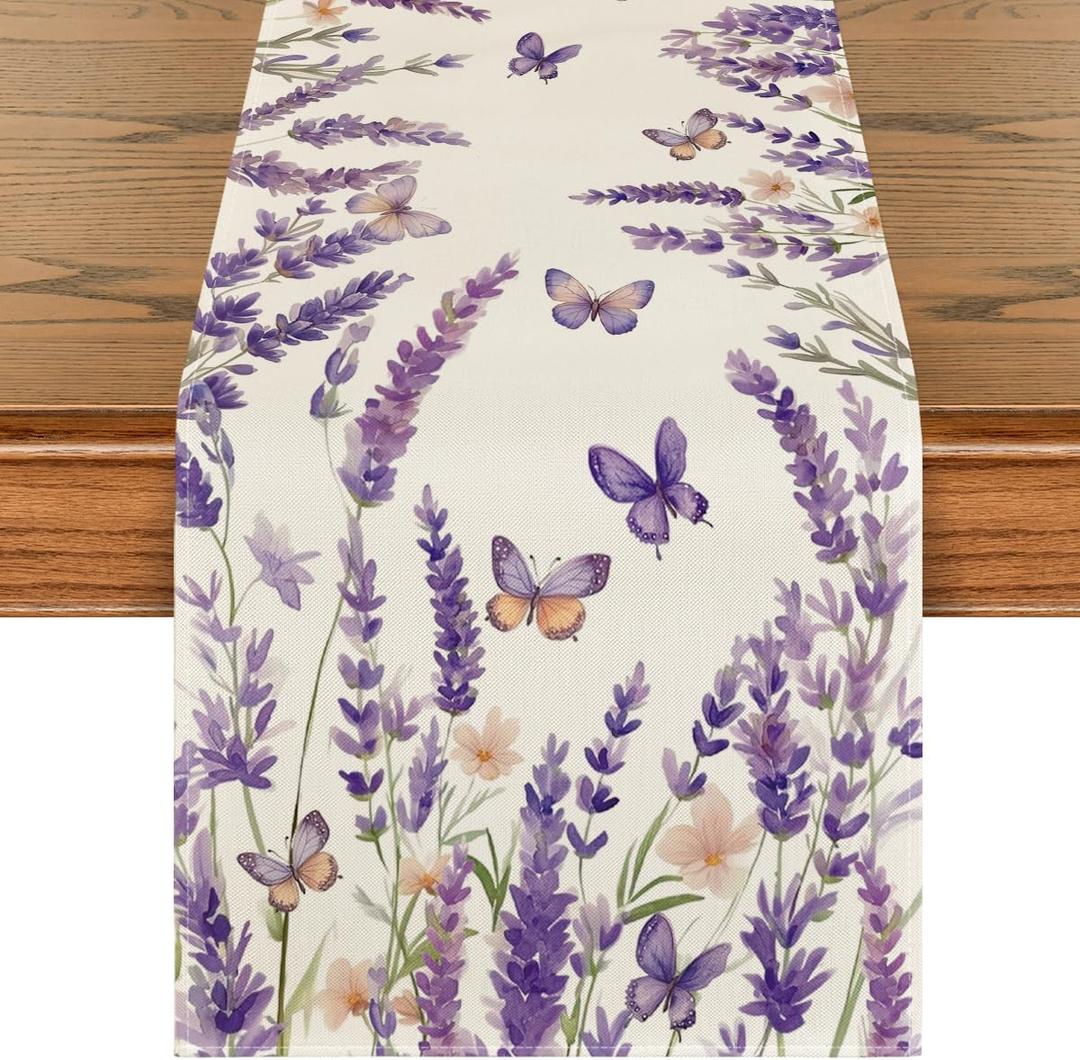 Artoid Mode Purple Lavender Floral Butterflies Spring Table Runner, Seasonal Summer Kitchen Dining Table Decoration for Home Party Decor 13x48 Inch