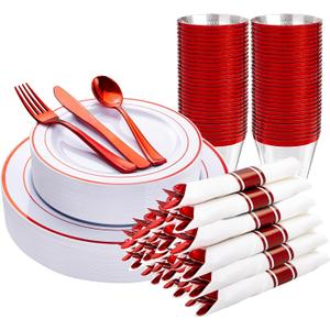 WELLIFE 210 Piece Red Plastic Dinnerware Set, Disposable Plates for Party,Include: 30 Dinner Plates, 30 Dessert Plates, 30 Pre Rolled Napkins with Gold Silverware and 30 Gold Cups Red
