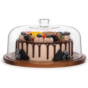 Bellsal Cake Stand with Clear Acrylic Dome Lid, 12in Acacia Wood Cake Holder with Lid, Cake Plate with Lid for Baking Gifts, Cake Display Server Tray for Birthday Party Weddings