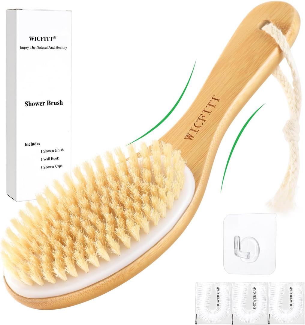 Dry Brushing Body Brush, Exfoliating Dry Brush with Boar Bristles, Soft Shower Brush for Cleaning Body, Improving Blood Circulation and Lymphatic Drainage,Skin Care Brush(Bamboo Handle) (02Basic Style 0.7 in)