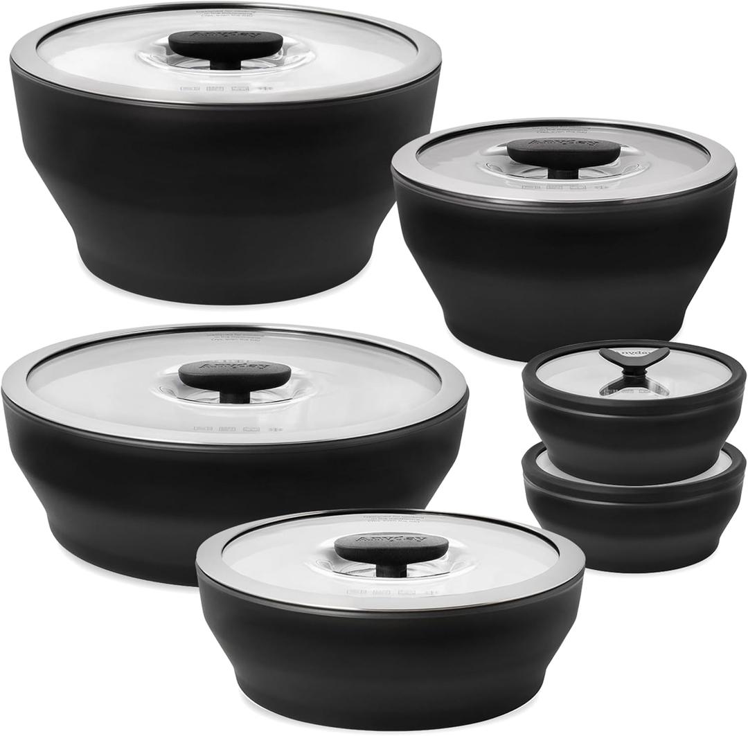Anyday Onyx Collection 12-Piece Glass Food Storage with Glass Lids | Microwave Cookware Set & Plastic-Free Meal Prep | Stackable Airtight Storage Containers & Microwave Steamer with Vented Lid