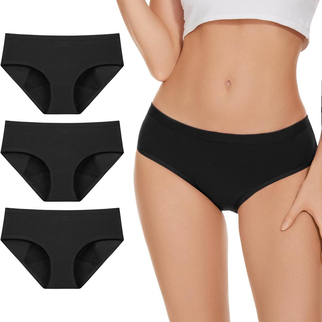 Women's High Absorbency Period Underwear - Leak-Proof & Reusable Menstrual Pants for Heavy Flow Days - 3 Pack, Black, Large