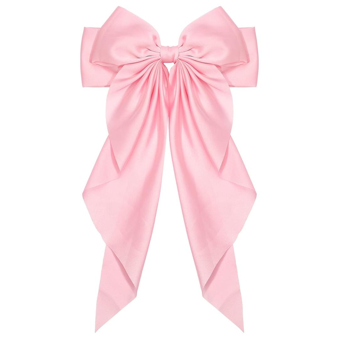 1PC Satin Hair Bows for Women Large Hair Barrettes Ribbon for Girls Giant Long Bow Hair Clips Ponytail Holder Silk Big Hair Clips Accessories for Women(Pink)