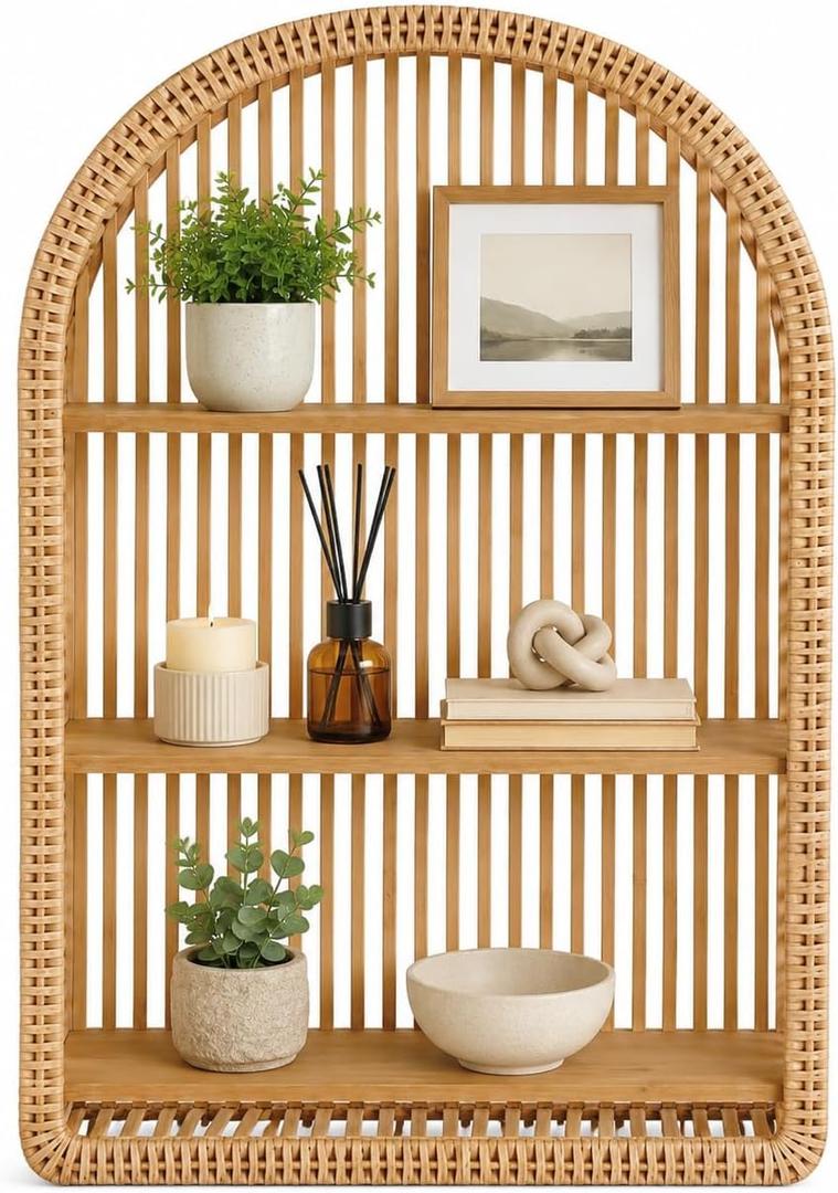 3 Tier Rattan Wall Shelf, Boho Arch Hanging Shelves,12.2 x 4.7 x 20.1 in Arched Wood Wall Shelf, Decorative Bohemian Floating Storage Display Rack for Bathroom Living Room Bedroom
