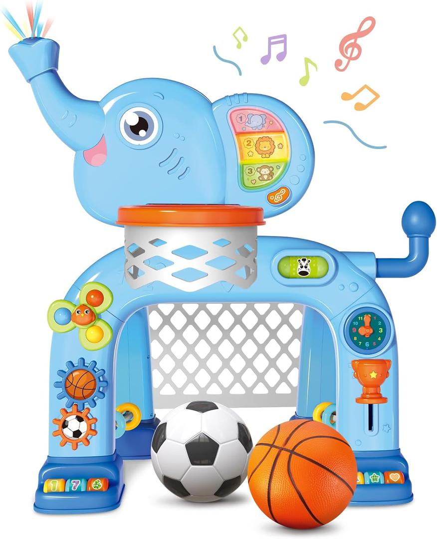 SpringFlower Toddler Basketball Hoop & Soccer Goal Activity Center Toys with Light & Music,Elephant Toddlers Musical Toys Gift, Baby & Toddlers Christmas Birthday Gift for 1 2 3 Year Old Boys & Girls (Blue)