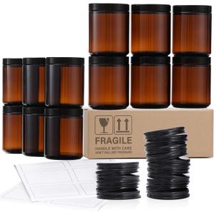 12 Pack, 8 OZ Dark Amber Candle Jars for Making Candle - Thick Glass Jars with 12 Metal & 12 Plastic Lids - Empty Round Food Storage Containers, Canning Jar For Spice, Liquid, Sample - Food Grade