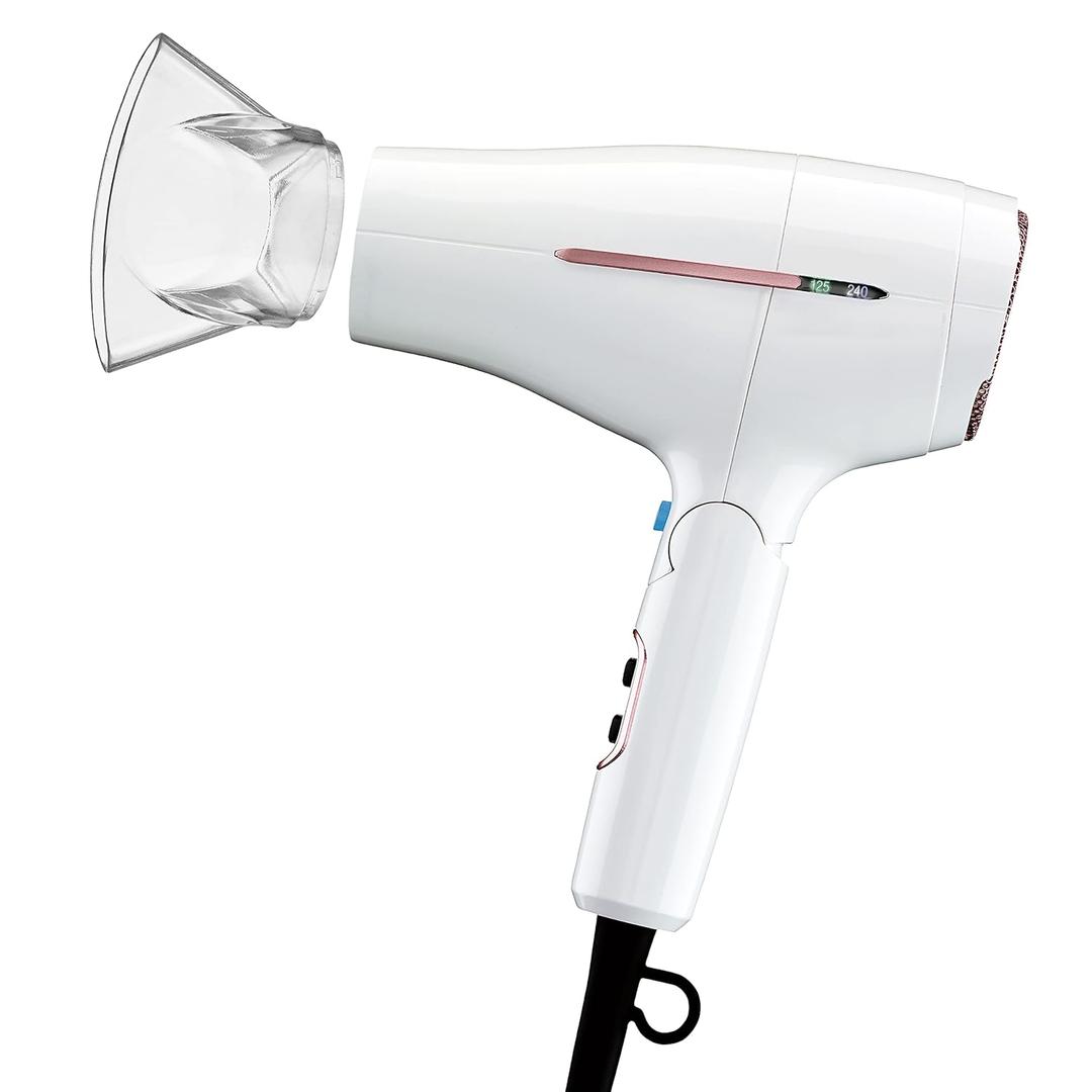 Conair Double Ceramic Travel Dryer with Concentrator & Folding Handle, 1875W Travel Blow Dryer with Smart Voltage Technology, Ionic Conditioning Fights Frizz, 3 Heat & 2 Speed Settings, White