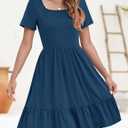 YOVION Girls Summer Dress Square Neck Short Sleeve Casual Loose Ruffle Tiered Dresses with Pockets for 8-9 Y (Blue)