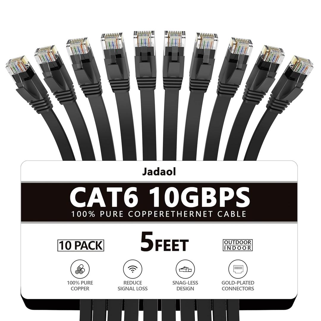 Jadaol Cat 5Ethernet Cable 5ft 10-Pack, 10Gbps Support Cat8 Cat7 Network, Flat High Speed LAN Internet Patch Cables, Short Ethernet Cables for Router, Modem, Switch, PC, Laptop, Gaming Console, Black