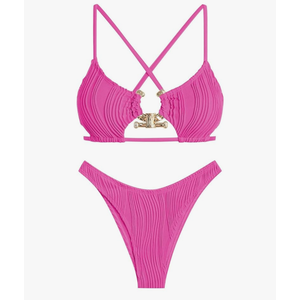 ZAFUL Women's Sexy Cutout Bikini Set High Cut Textured Metal Ring Cheeky Swimsuit Two Piece Bathing Suit, L