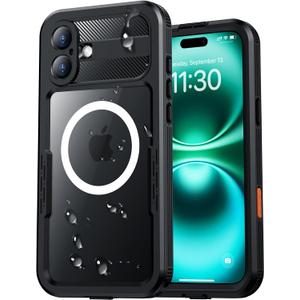 Red2Fire Magnetic for iPhone 16 Case Waterproof, [Built-in Screen Protector][Compatible with MagSafe] [Full Body Shockproof] [Dustproof] Heavy Duty Rugged Phone Cover 6.1" Black