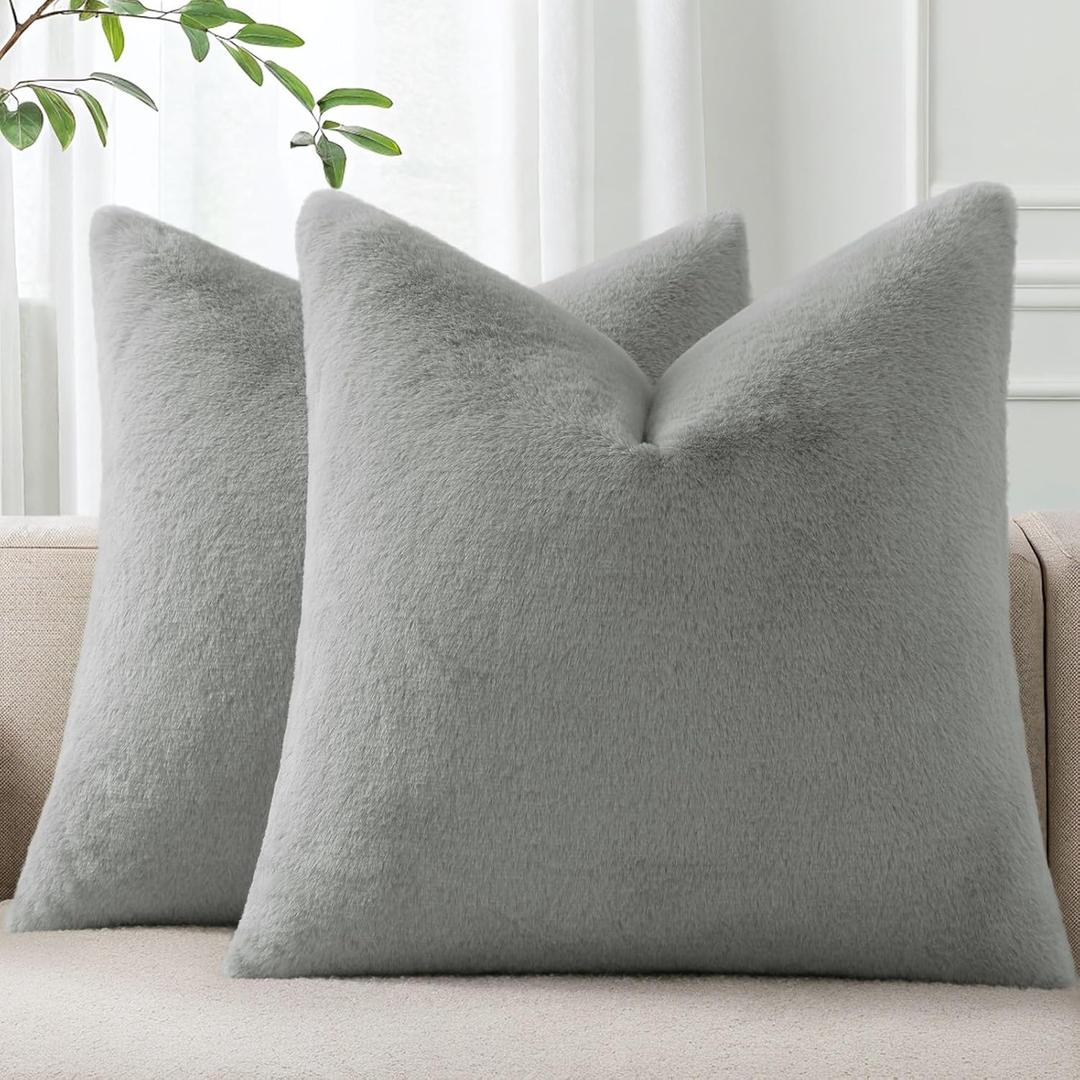Pallene Faux Fur Plush Throw Pillow Covers 20x20 Set of 2, Soft Fluffy Couch Pillow Covers for Living Room, Grey