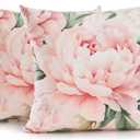 Pink Peony Floral Throw Pillow Covers 18x18 Set of 2, Soft Velvet Decorative Cushion Cases, Shabby Chic Farmhouse Home Decor for Sofa Couch Bed
