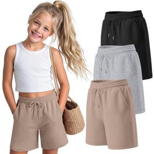 3 Pack Girls Bermuda Shorts Knee Length Casual Drawstring Athletic Summer Sweat Shorts with Pockets for Ages 13-14
