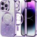 Hython for iPhone 14 Pro Case Glitter, Compatible with MagSafe Love Heart Magnetic Clear Phone Cases for Women Girls, Full Camera Protection Sparkle Plating Shockproof Protective Cover, Deep Purple
