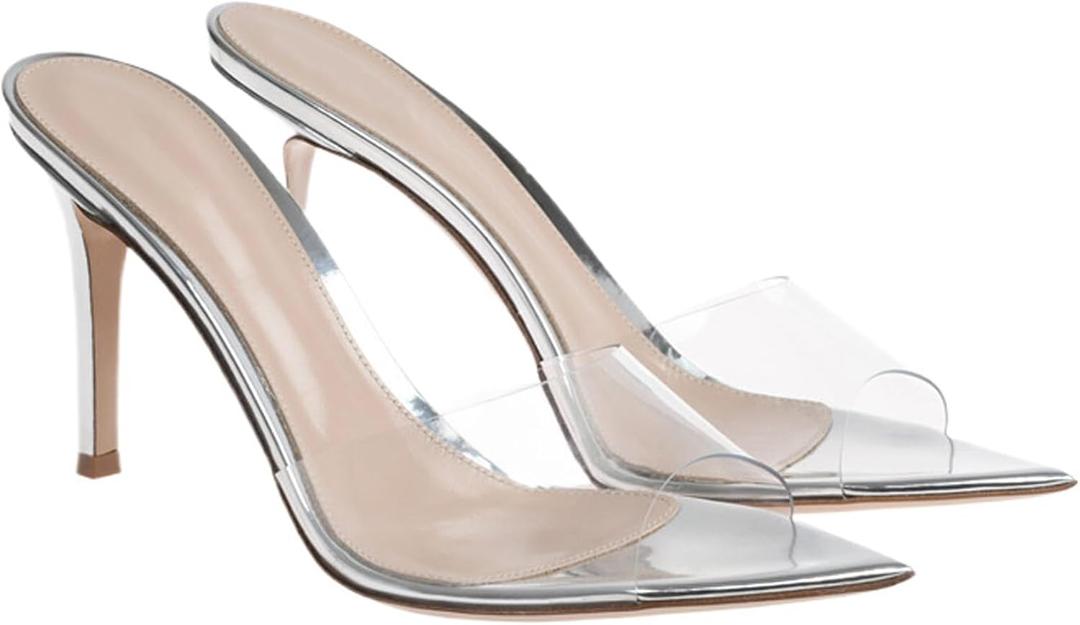 WYUETRA Women's Clear Pointed Toe Slingback Stilettos Heel Sandals Fashion Sexy Comfortable Summer Open Toe Backless Slip On Dress Slides Sandals for Casual Outdoor Party Work Wedding (Silver,9)