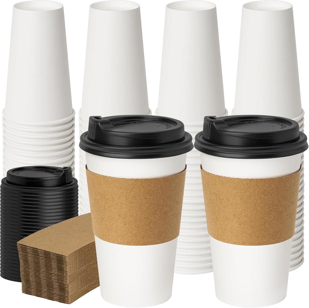 YEEHAW Coffee Cups with Lids 16 oz 50 Pack Upgraded, Disposable Paper Cups with Lids, To Go Coffee Cups with Sleeves for Hot Beverages and Drinkings, Cups with Upgraded 300gsm Material, 2.4"*5.3"*3.5"