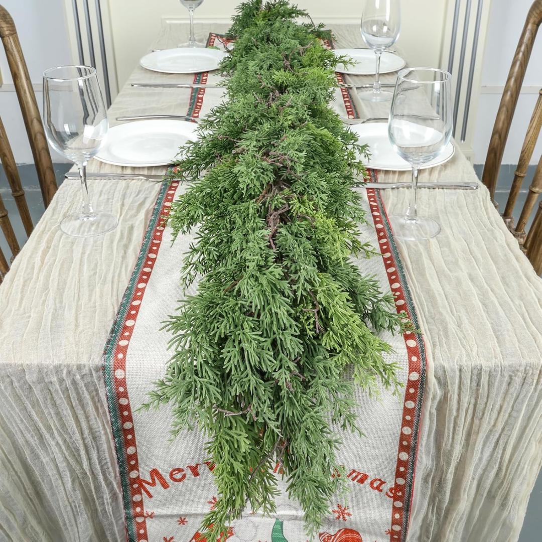 9 Ft Christmas Cedar Garland - Realistic Greenery Cypress Garlands - Real Touch Artificial Pine Garland Christmas Decorations for Outdoor Home Dining Table Mantel Stair Porch Winter Xmas Decor