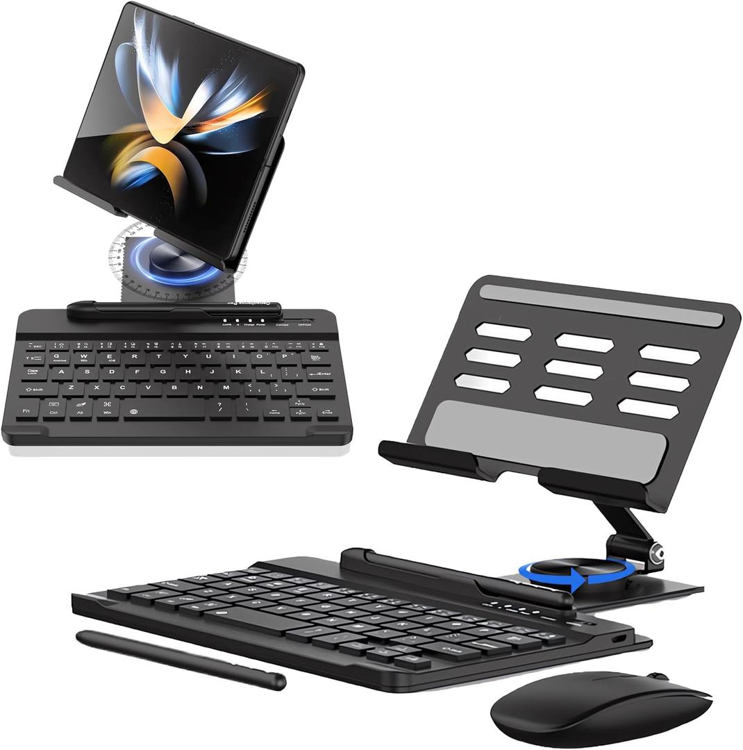 for Samsung Galaxy Z Fold 6 5 4 Stand and Keyboard Mouse, Portable Mini Bluetooth Keyboard, Foldable Adjustable Aluminum Alloy Stand Holder for Desk, with Wireless Mouse and Pen