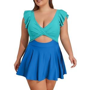 B2prity Women's Plus Size Swimsuit Tummy Control One Piece Swimdress Ruffle V Neck Cutout Wrap Bathing Suit with Skirt (2XL)