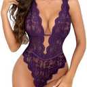 Aranmei Sexy Lingerie for Women Hollow Out Floral Lace Bodysuit One Piece Lingerie Deep V Teddy Babydoll Underwear, XXL