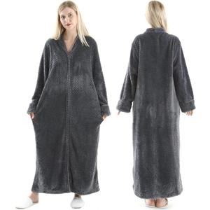 Oksun Womens Fleece Warm Robe: Cozy Flannel Long Zipper Bathrobe - Plush Winter Housecoat Nightgown (X-Large, No Hood - Gray)