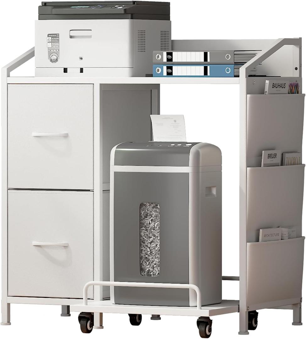 Printer Stand with Fabric Drawers, Lateral Office Filing Cabinets with Power outlets & USB Charging Port, File Cabinet with Large Printer Stands for Home Office, Shredder Stand Rack (White)