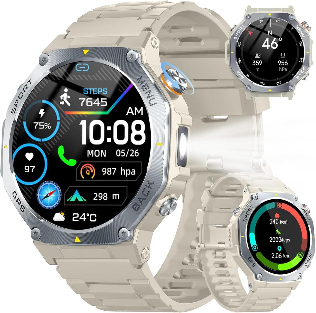 Military Smart Watch for Men Built-in GPS with LED Flashlight Compass, 1.43" AMOLED Display 5ATM Waterproof Fitness Tracker with Heart Rate/Sleep/Blood Oxygen, Watches for Android/iPhone, Khaki