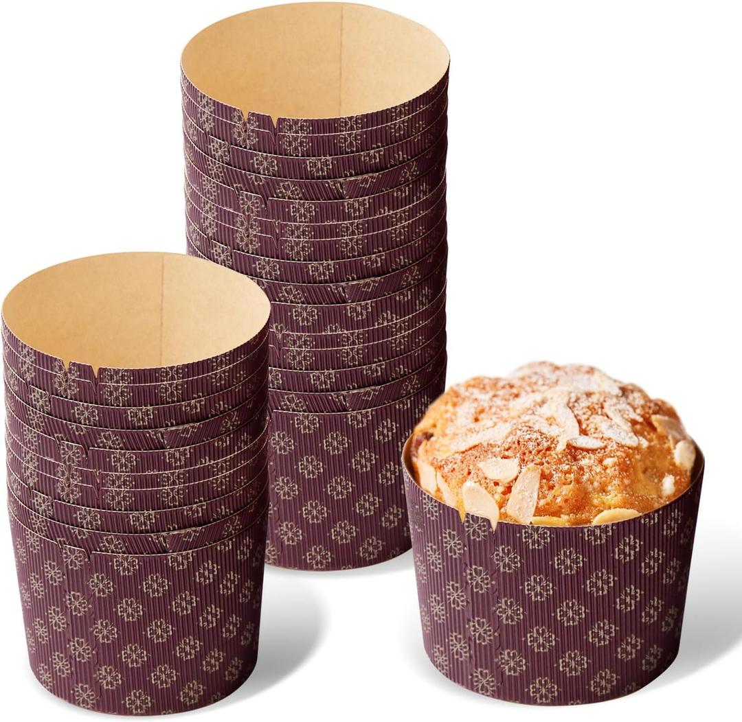 5" Panettone Paper Cups, 25 Pack Heat Resistant Easter Bread Disposable Baking Cups, Large Paper Baking Cups, Kulich Molds for Baking (Brown)