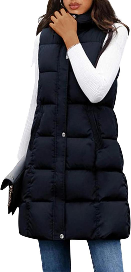 Tanming Women's Long Puffer Vest Casual Sleeveless Puffy Jacket with Removable Hood (Medium, Black)