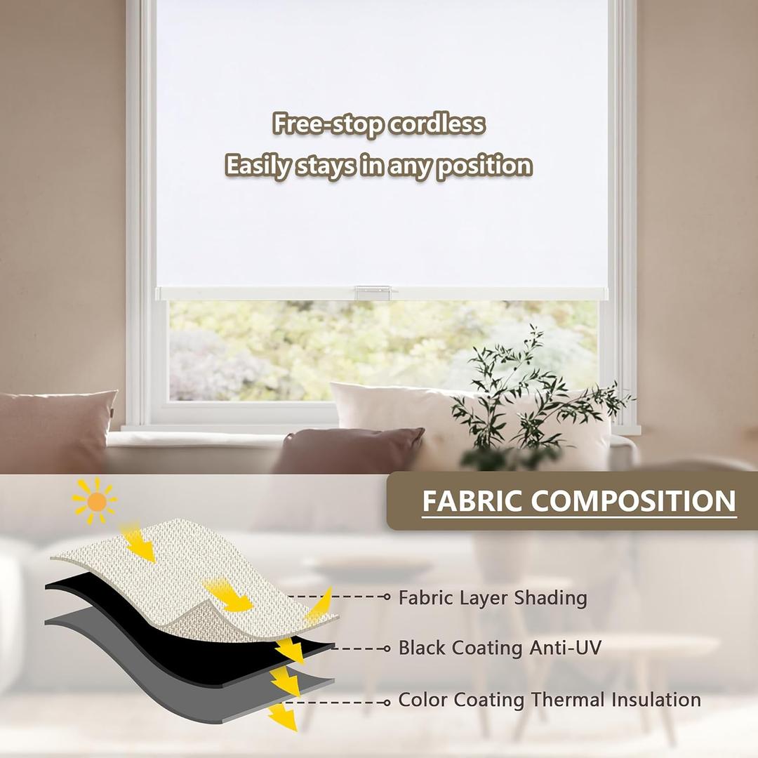Cordless Blackout Roller Shades Blinds for Windows Free-Stop,Pull Down Room Darkening with Valance,Thermal Insulated Woven Fabric Window Door Blinds for Home,Office,White 36" W x 72" L (36"W x 72"H)