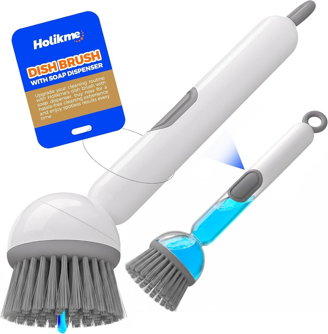 Holikme Dish Brush with Soap Dispenser - Dish Brush with Long Handle Deep Cleaning, Dish Scrubber Switchable Modes for Dishes, Pans, Sink, Pots (White)