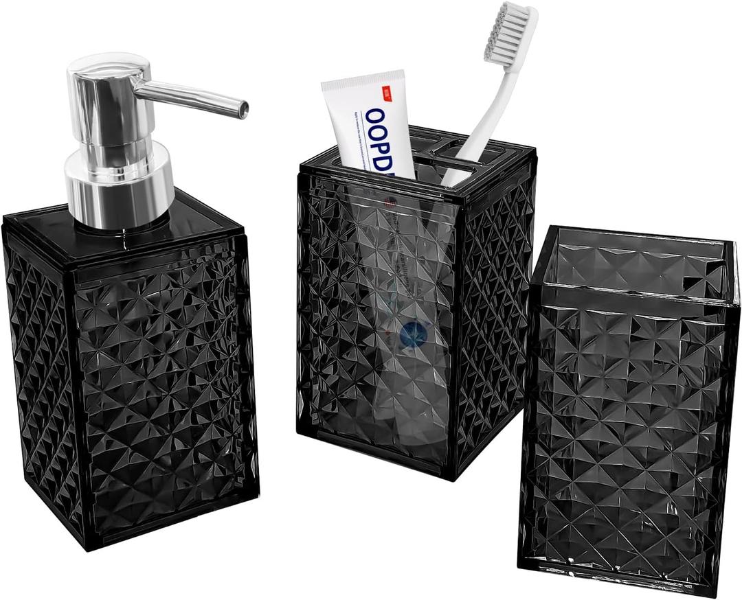 3PCS Black Bathroom Accessories. Contain Soap Dispenser & Toothbrush Holder Set & Mouthwash Cup. Boho Bathroom Set for Blue Bathroom Dcor