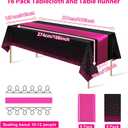MASHAN 16Pack Disposable Plastic Party Tablecloths and Satin Table Runner Set - Black Hot Pink Dot - Wedding, Birthday, Baby Shower, Anniversary, Holiday Party Decorations