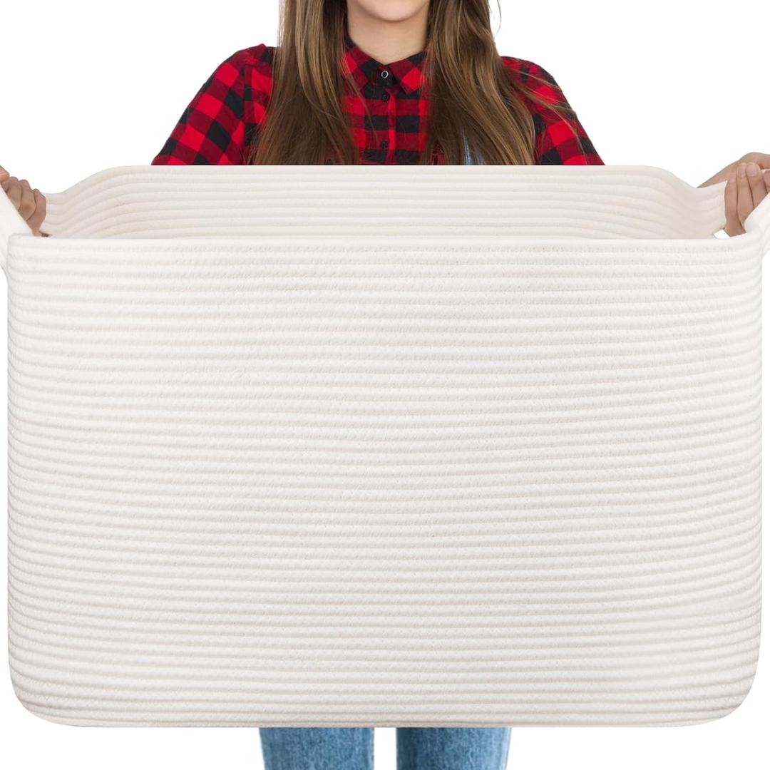OIASKET 118L Extra Large Blanket Basket, 24.8"x17.7"x16.2" Woven Rope Baskets for Storage, Nursery Blanket Storage for Living Room, Toy Basket with Handle Organizing Comforter Cushions Pillows, White