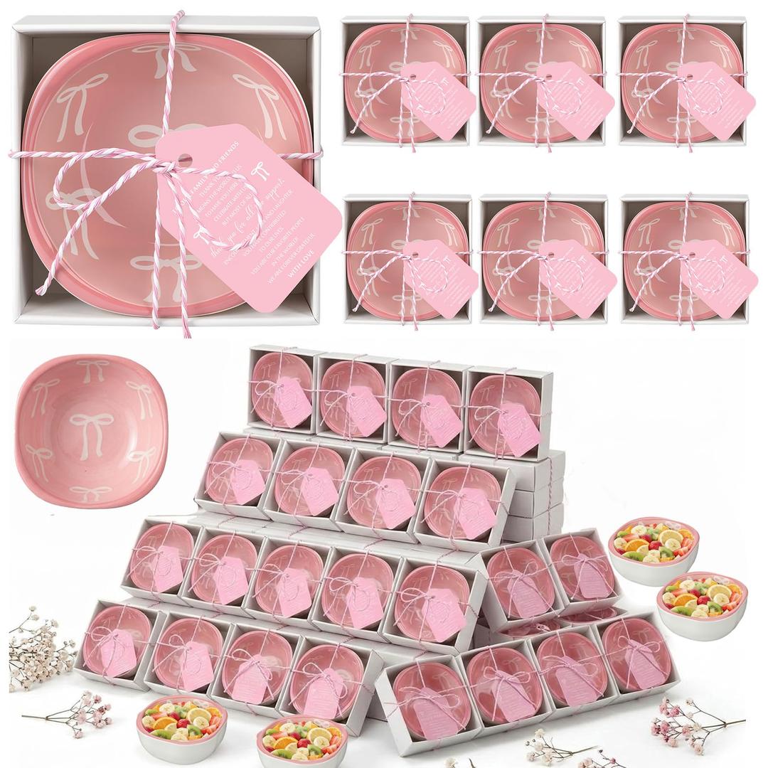 FoldTier 20 Sets Pink Bow Ceramic Bowl Gifts Bulk 10 oz Bowknot Soup Snack Bowls with Box Thank You Card Gifts for Guests 16 Birthday Wedding Baby Shower Party Favors (Pink Bow)
