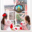 Stained Glass Window Hanging, Golden Glow Christmas Tree Round Sun Catchers Glass Panel Suncatcher Decor for Home, 7.8Inch. (020)