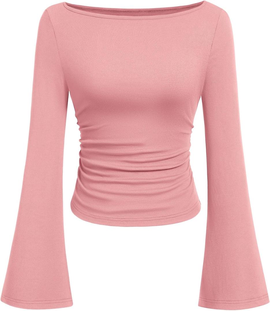 PRETTYGARDEN Womens Long Sleeve Shirts 2026 Spring Crop Going Out Tops Casual Boat Neck Bell Sleeve Ribbed Ruched Y2K Clothes (Medium, Pink)