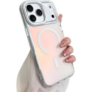 SAKUULO Magnetic Case for iPhone 17 Pro Max Compatible with Magsafe, Bling Laser Iridescent Florescent Crystal Sparkly Luxury Shockproof Protective Cover for Women Men, White