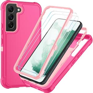 SunStory Compatible with Samsung Galaxy S22 Case with HD Screen Protector, 3-Layer Heavy Duty Full-Body Cover, 3 in 1 Hybrid Protective Case for Galaxy S22 6.1", PinkRed