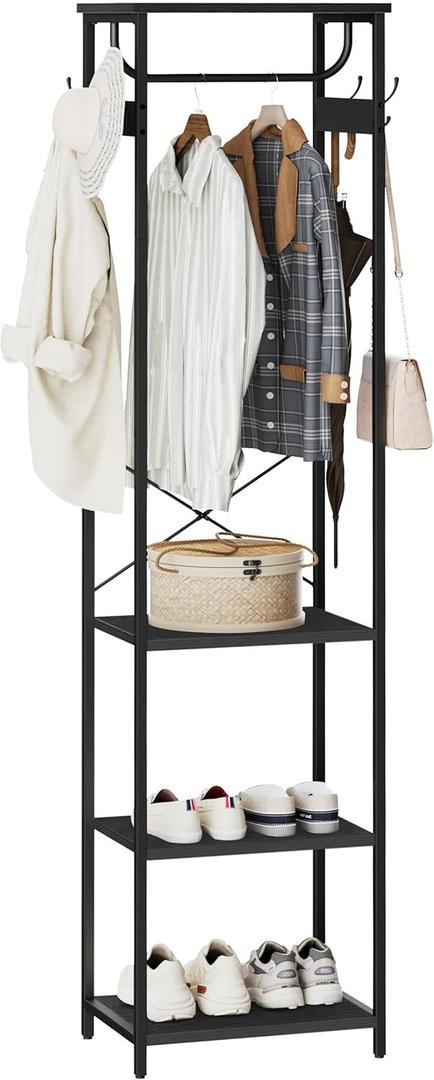 Coat Rack With Hanging Rod, Garment Rack With 3 Wooden Shelves and 4 Hooks, Freestanding Hall Tree, Industrial Clothes Rack Stand Organizer, Black