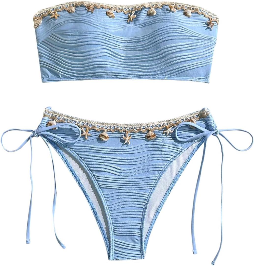 ZAFUL Women Strapless Bandeau Bikini Shell 2 Piece Swimwear Cheeky Solid Lace up Pom Bathing Suits (Medium, 4-1blue)