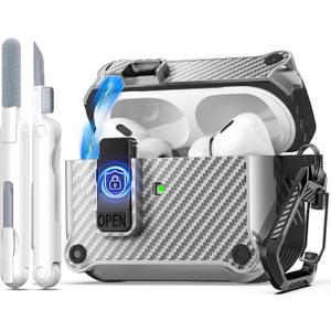 2 Packs R-fun Compatible with AirPods Pro 2nd Generation 2023(USB-C),2022(Lightning Cable),1st Gen 2019 Charging Case, Full Drop Protection Auto Pop-Up Lid Design with Cleaner Kit,Carbon Fiber Silver