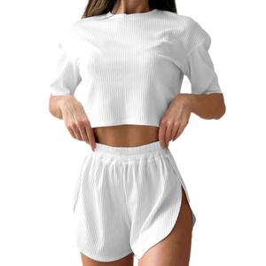 Remidoo Women's Short Sleeve T Shirts And Shorts Side Slit Crewneck Pajamas Set White Small (White)