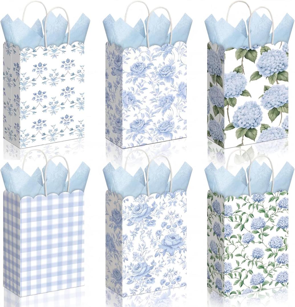 Kolldenn 24 Pcs Hydrangea Floral Party Gift Bags with Handles Paper Candy Treat Goodie Bags Scalloped for Birthday Decoration for Bridal Baby Shower Tea Party Supplies