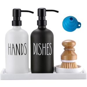 Glass Soap Dispenser for Kitchen, Farmhouse Dish Soap Dispenser&Hand Soap Dispenser Set,Rustproof Pump Soap Lotion Dispenser Set with Tray and Dish Brush,Kitchen Decor(Black&White)