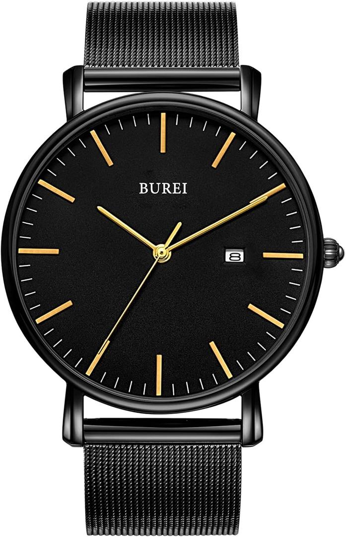 BUREI Men Watches Brown Leather Fashion Minimalist Wrist Watch Simple Ultra Thin Waterproof Quartz Watches All Black Stainless Steel Mesh Band,Gift for Men Women