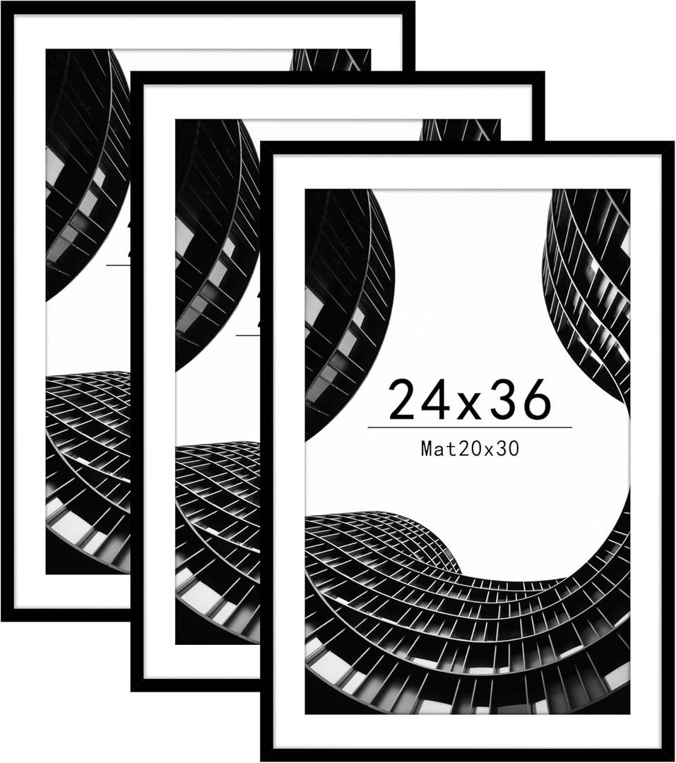 Abtgt 24x36 Poster Frame Set of 3, Display Pictures 20 x 30 with Mat or 24 x 36 without Mat, Picture Frame for Wall Mounting Display, Black