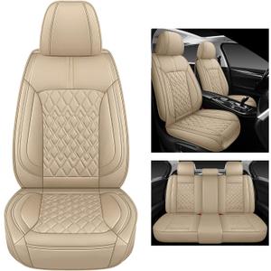Pariitadin Leather Car Seat Covers Full Set, Waterproof Breathable Faux Leather Automotive Seat Covers for Cars, Non-Slip Car Interior Covers Universal Fit Most Cars Sedans Trucks SUVs, Beige