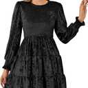 R.Vivimos Women's Fall Winter Crushed Velvet Dress Long Sleeve Crew Neck Elastic Smocked A-Line Tiered Ruffle Mini Dress